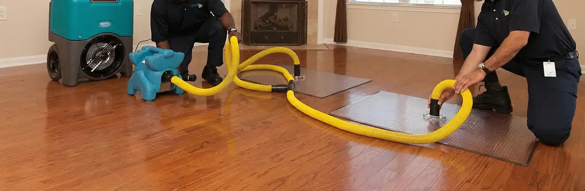 emergency water removal technicians extracting standing water from a home using professional equipment in Naperville, IL