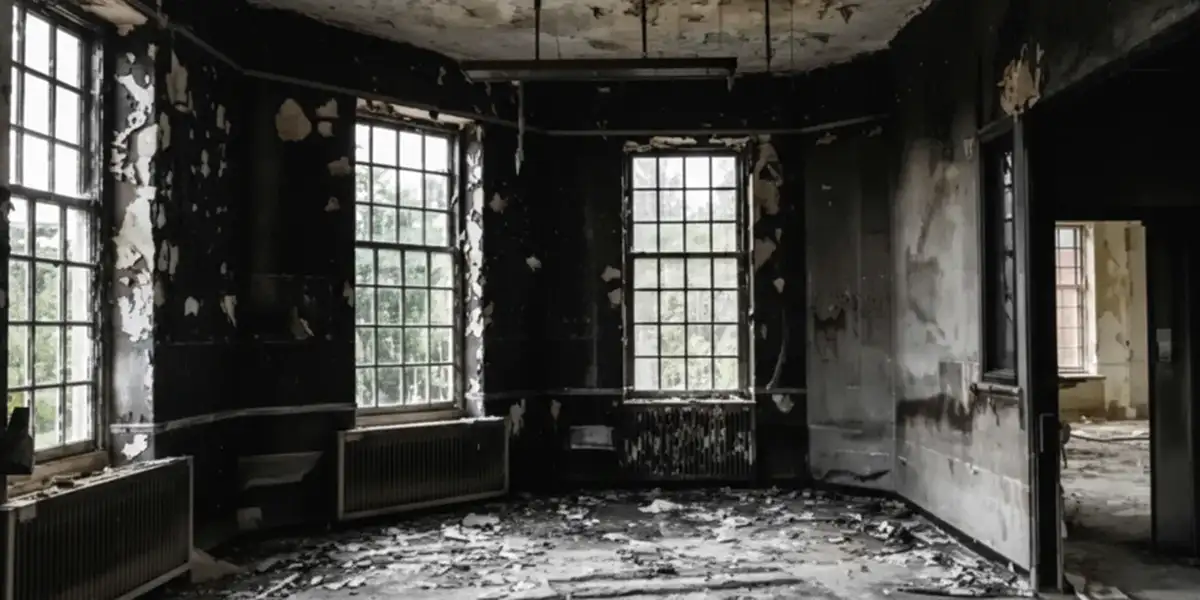 fire damage repair addressing severe interior damage and smoke residue inside a burned home in Naperville, IL