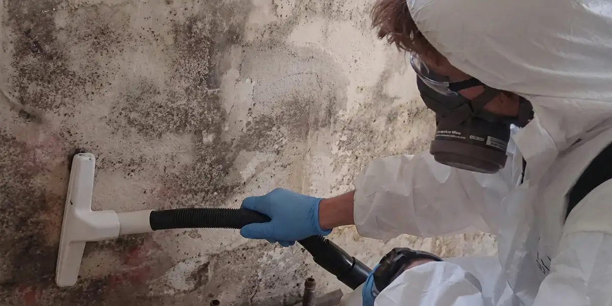 professional mold removal technician wearing protective equipment removing mold from a wall in Naperville, IL